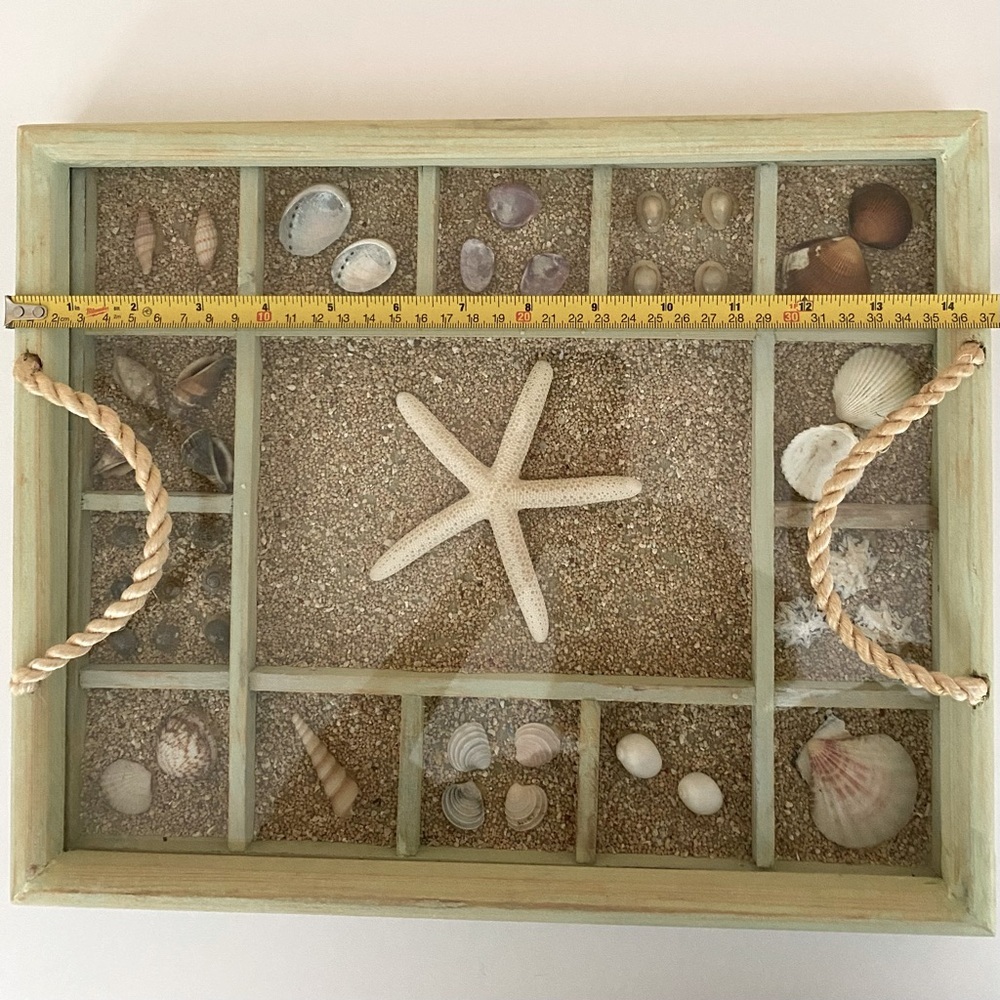 Shadowbox Tray Seashell Collection Mint Green Washed Wood Rope Handles - Picture 6 of 8